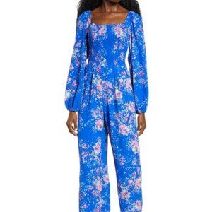 Charles Henry Royal Blue Floral Smocked Long Sleeve Jumpsuit